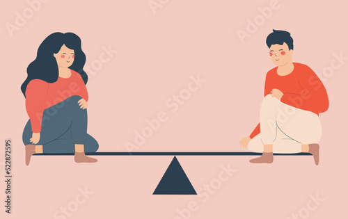 Man and woman character sitting on a weight scale showing sign of equal weight and value in society. Concept of gender equality based on the skills and knowledge. Vector illustration
