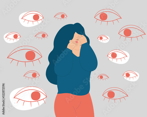 Young woman surrounded by big evil eyes, feels helpless and overwhelmed. Sad girl suffers from verbal abuse and bullying. Concept of mental health disorder, phobia, and fears. Vector stock