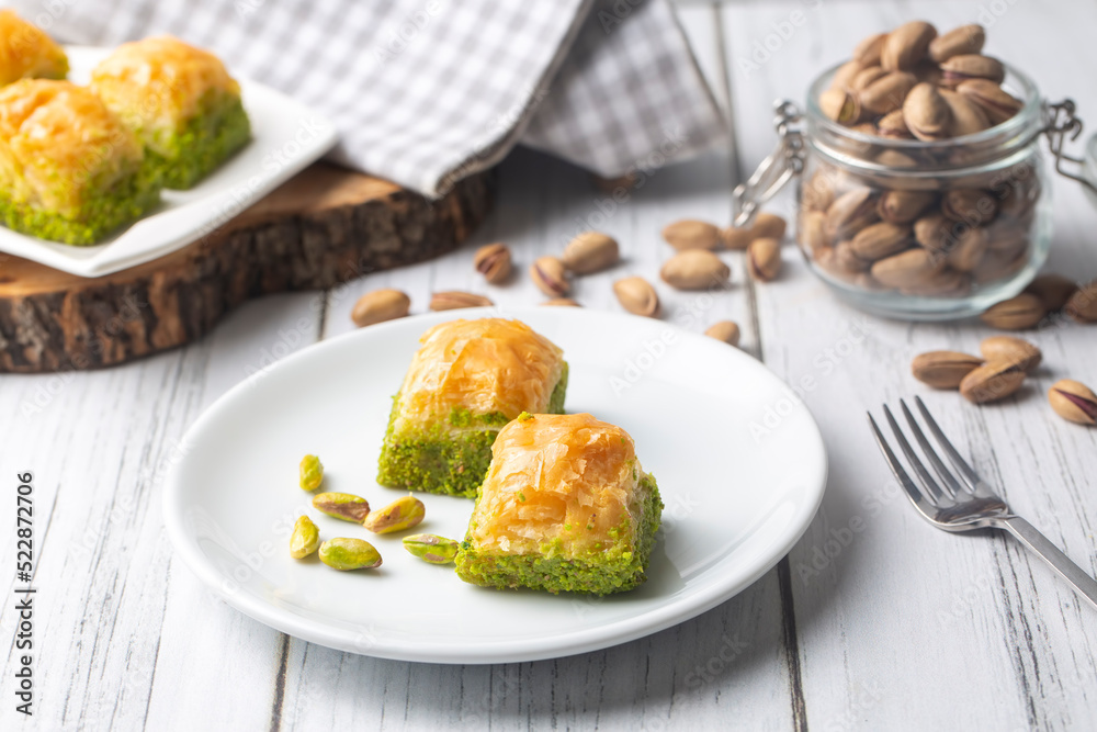 Traditional delicious Turkish dessert; pistachio baklava (Turkish name; kuru baklava) Traditional delicious Turkish dessert; pistachio baklava (Turkish name; kuru baklava)