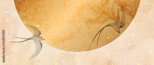 Luxury art background in watercolor style with golden sun and line birds. Hand drawn ink banner for wallpaper design, decor, print, interior design.