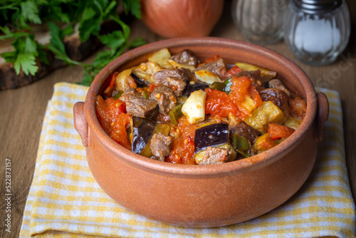 Traditional delicious Turkish foods; Quince and plum lamb stew, lamb tandoori (Turkish name; Ayvali - erikli kuzu guvec - kuzu tandir