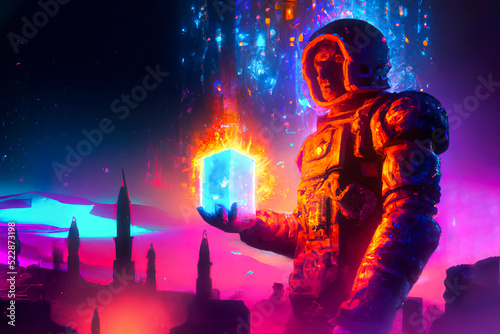 Sci-fi astronaut holding a artefact with colorfull particles and neons in an ancient alian city digital art © Felipe