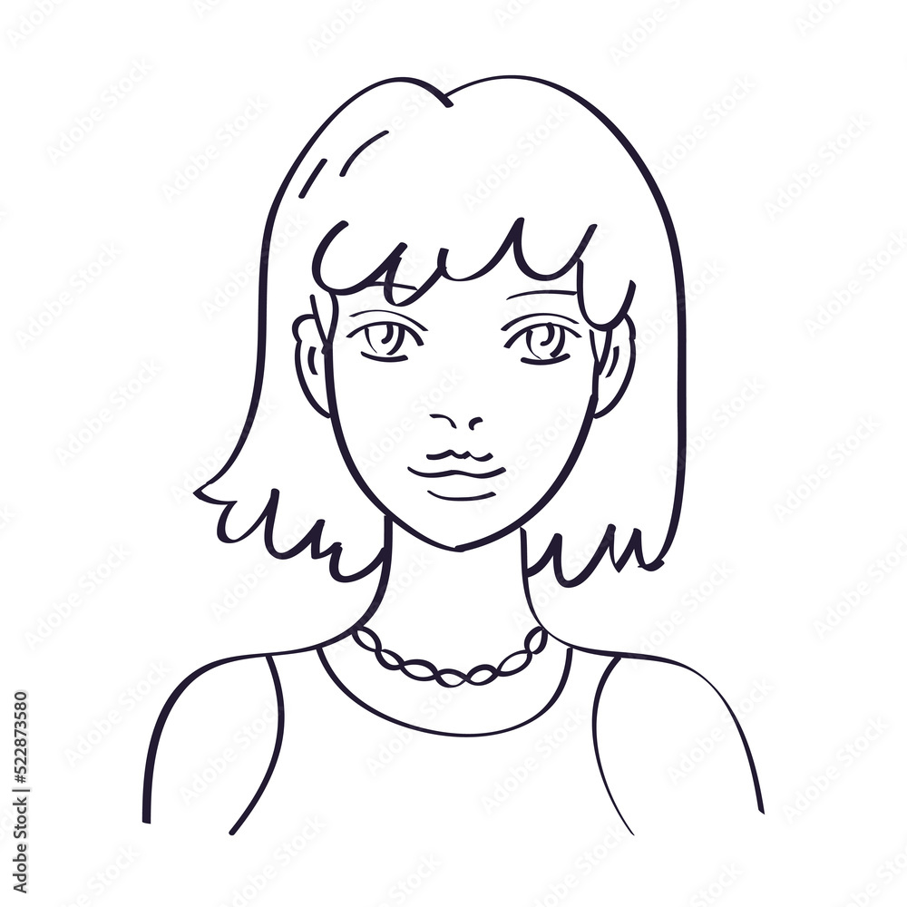 Beautiful elegant girl or young woman model with bob haircut and bangs face portrait hand drawn line art sketch style vector illustration Beautiful elegant girl or young woman model with bob haircut and bangs face portrait hand drawn line art sketch style vector illustration