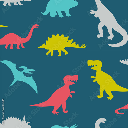 Wallpaper Mural Dinosaur wallpaper design for kids room, T-Rex, Tyrannosaurus, Brachiosaurus, Pterodactyl, Diplodocus, seamless pattern, textile fabric, mural art. Torontodigital.ca