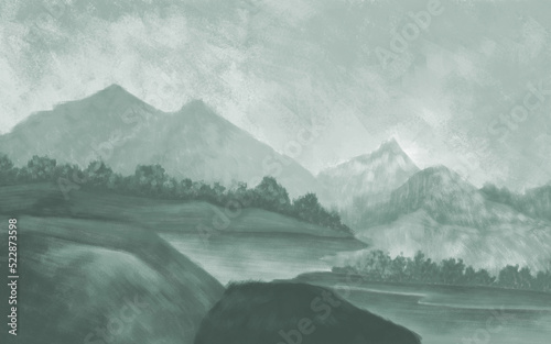 Wallpaper Mural Landscape with fog wallpaper design, green monochrome background, oil painting, brush textured, mural art. Torontodigital.ca