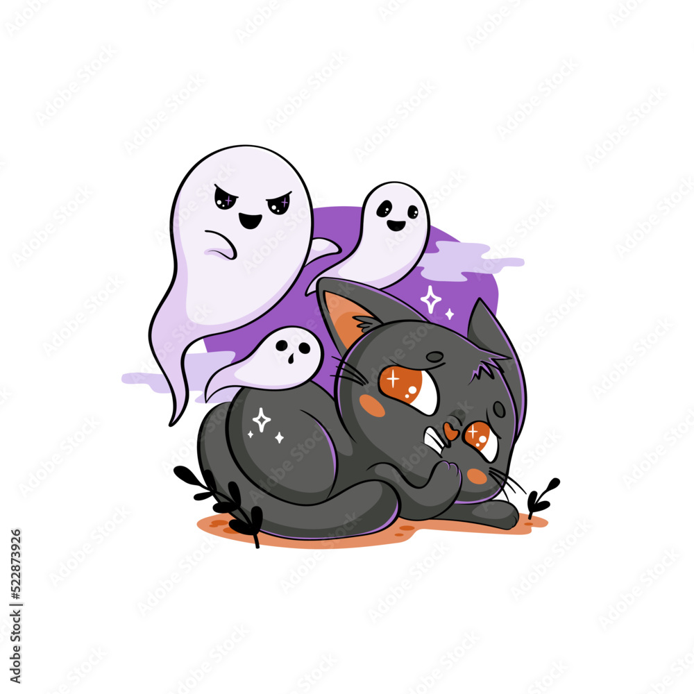 Creepy and cute halloween black cat with ghosts. Vector isolated hand ...