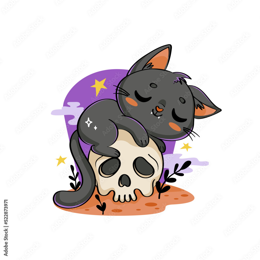 Creepy and cute halloween black cat sleeping on the scull. Vector ...