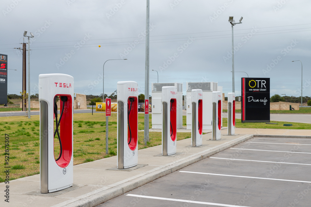 Tesla Electric Vehicle Charging Station at the service station near The