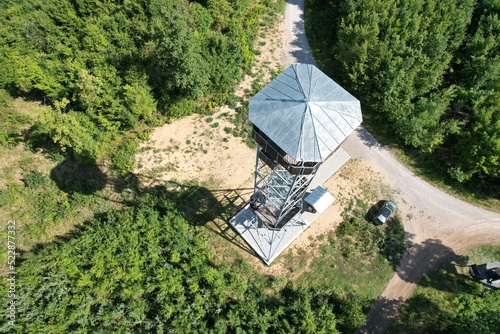 Bilovice nad Svitavou, church and city center, Czech republic,Europe,Lookout tower u Lindusky,Rozhledna u Lindušky,aerial scenic panorama landscape view, cinematic,Moravia photo