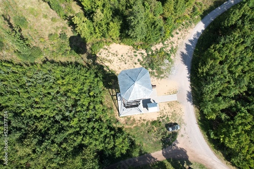 Bilovice nad Svitavou, church and city center, Czech republic,Europe,Lookout tower u Lindusky,Rozhledna u Lindušky,aerial scenic panorama landscape view, cinematic,Moravia photo