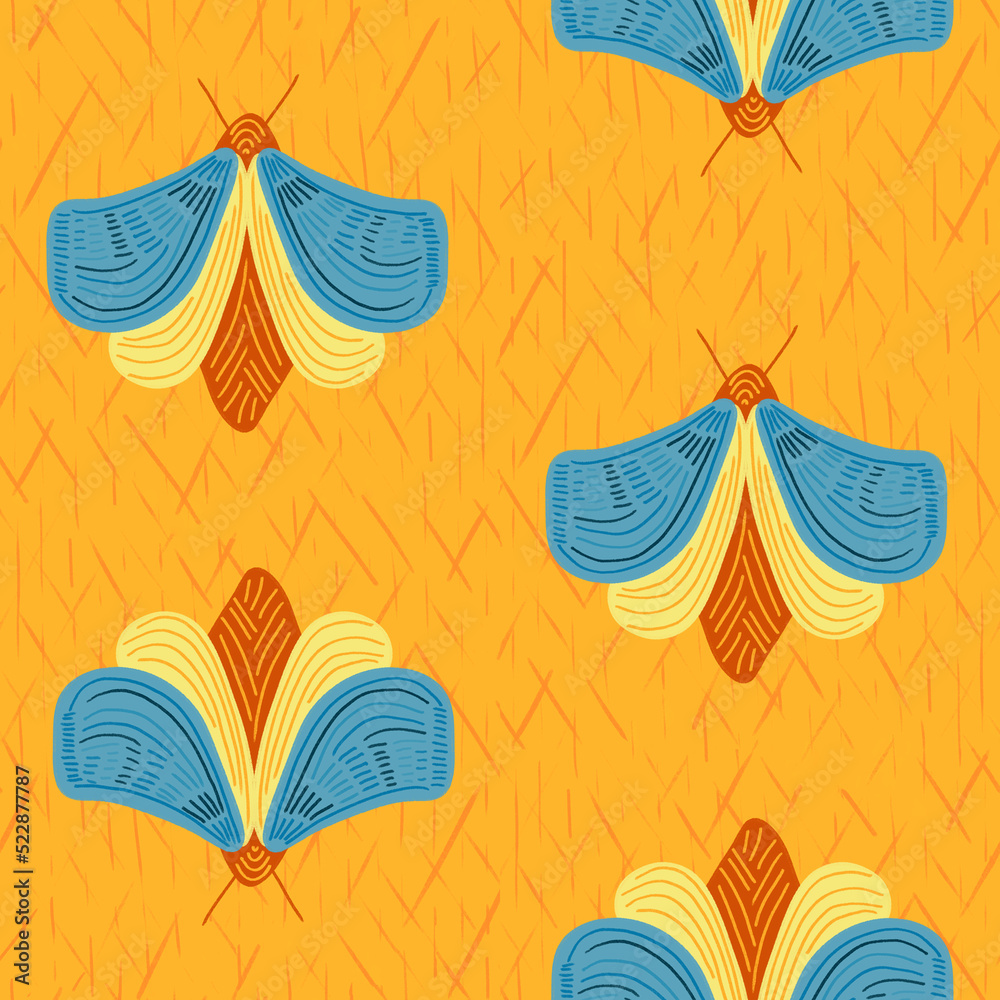 Fototapeta premium Teal blue and yellow moths repeating seamless pattern on a textured orange background