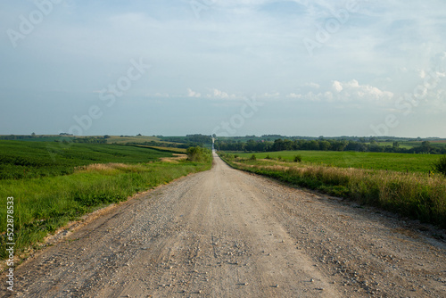 Long lonely dirt country road near sunset in midwest USA near Texas and Oklahoma in rural countryside surrounded by farms and farmland