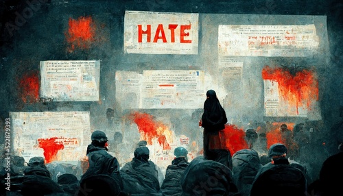 Hate speech expresses, encourages, stirs up, or incites hatred against a group of individuals such as race, ethnicity, gender, religion, nationality, and sexual orientation photo