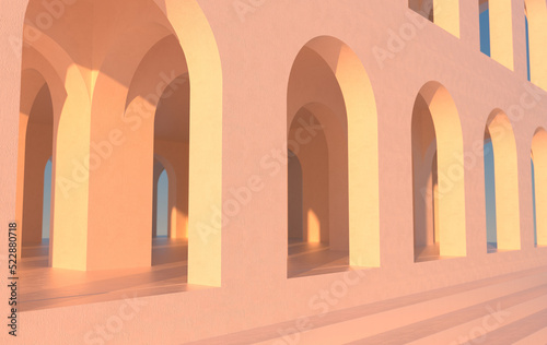 3d rendering. Arch hallway geometric background, architectural corridor, arch columns, empty wall. ancient housing Banner for travel presentations