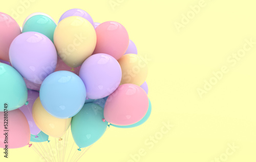 A bunch of pastel colored balloons on yellow background. Empty space for birthday, party, promotion social media banners, posters. 3d render balloons