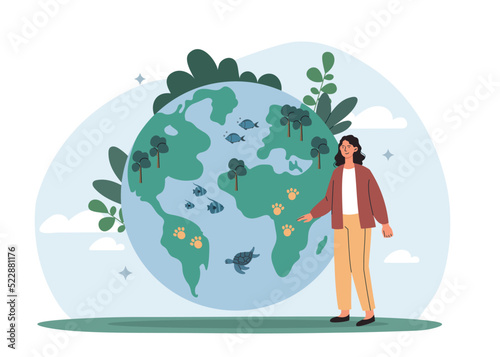 Woman on background of planet. Flora and fauna concept. Caring for nature and reducing emissions of harmful substances. Charity and responsible society, volunteer. Cartoon flat vector illustration