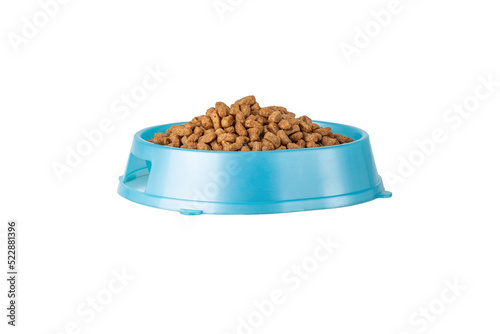 Food for cats and dogs in a blue bowl on a white background.Isolate.