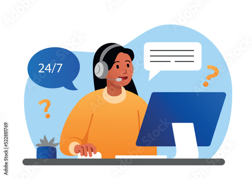 Service 24 7. Girl in headphones answers questions from consumers and clients of company. Feedback and FAQs. Technical support and consultation by smartphone, hotline. Cartoon flat vector illustration