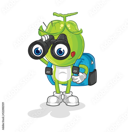 pea head with binoculars character. cartoon mascot vector