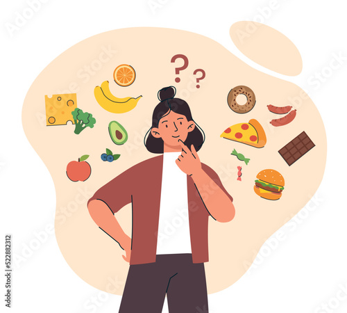 Woman choosing diet. Young girl shapes nutrition, healthy food or unhealthy. Active lifestyle and fat burning, sports. Difficult decision, temptation concept. Cartoon flat vector illustration