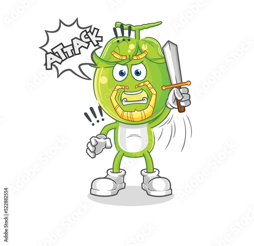 pea head knights attack with sword. cartoon mascot vector