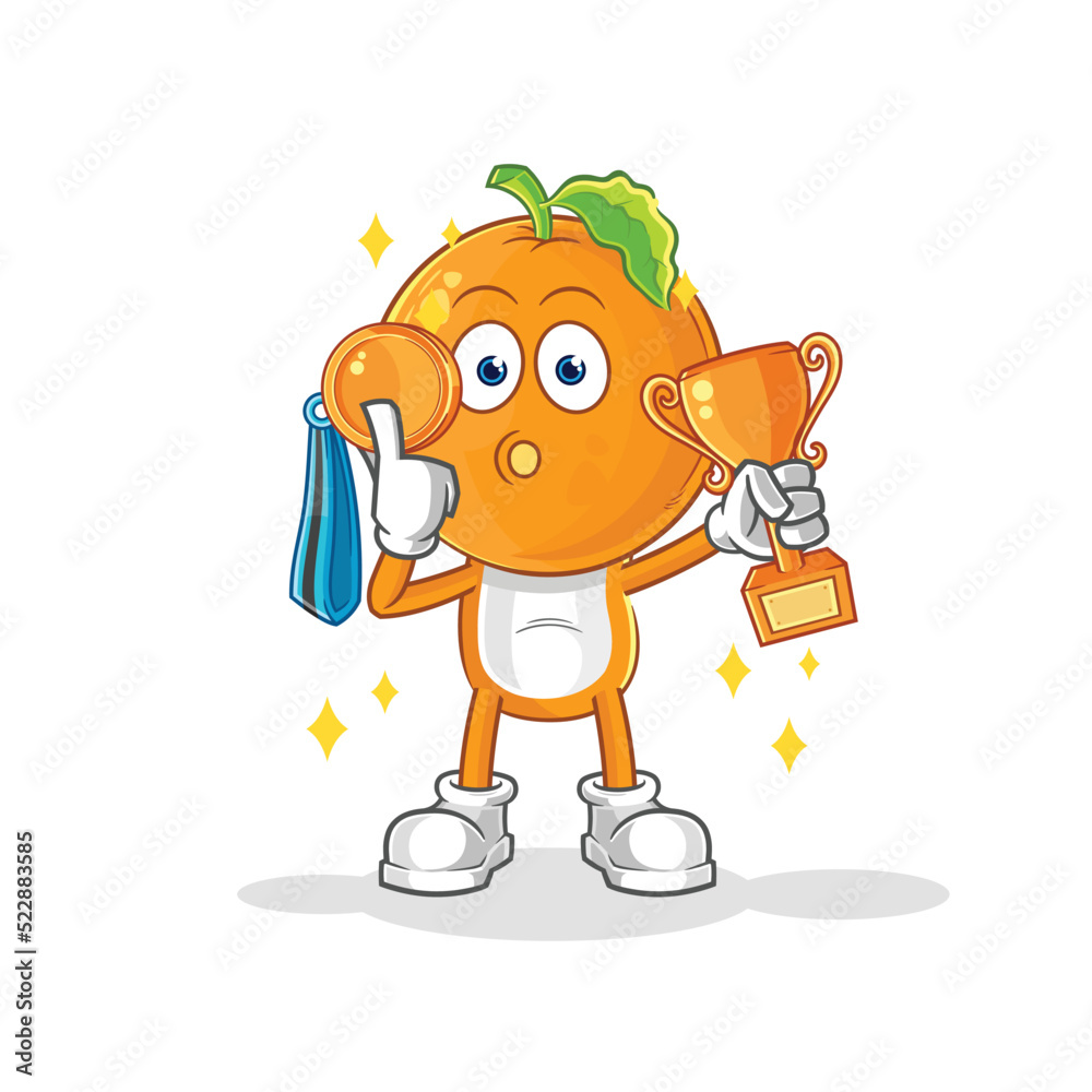 orange head winner with trophie. cartoon character orange head winner with trophie. cartoon character