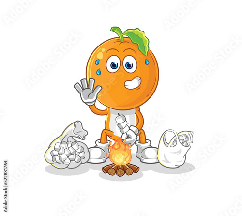 orange head roasting marshmallows. cartoon mascot vector
