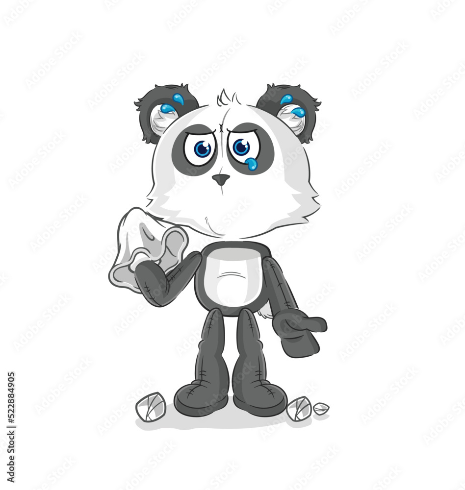 panda cry with a tissue. cartoon mascot vector