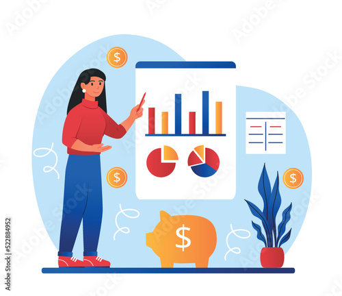 Manage money concept. Woman with charts evaluates expenses and income. Formation of budget and calculation of money on of company. Assistance and consultant. Cartoon flat vector illustration