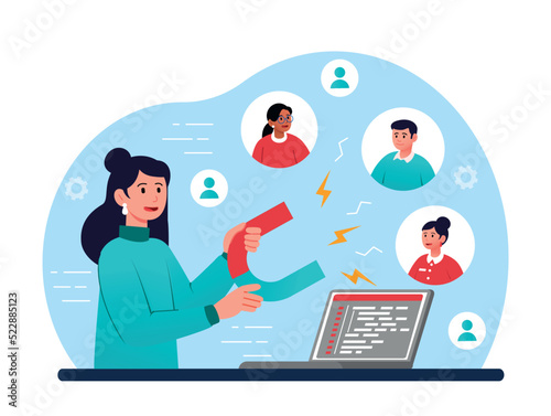 New leads concept. Young woman with magnet calls customers, expansion of company, organization or business. Modern internet marketing, SEO or SMM specialist. Cartoon flat vector illustration