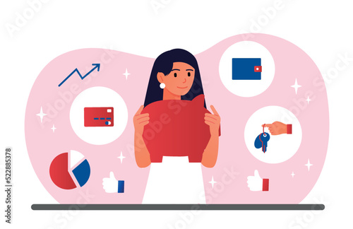 Personal finance concept. Young girl with piggy bank in her hands. Financial literacy and budgeting, savings. Graphs and charts, statistics analysis, entrepreneur. Cartoon flat vector illustration