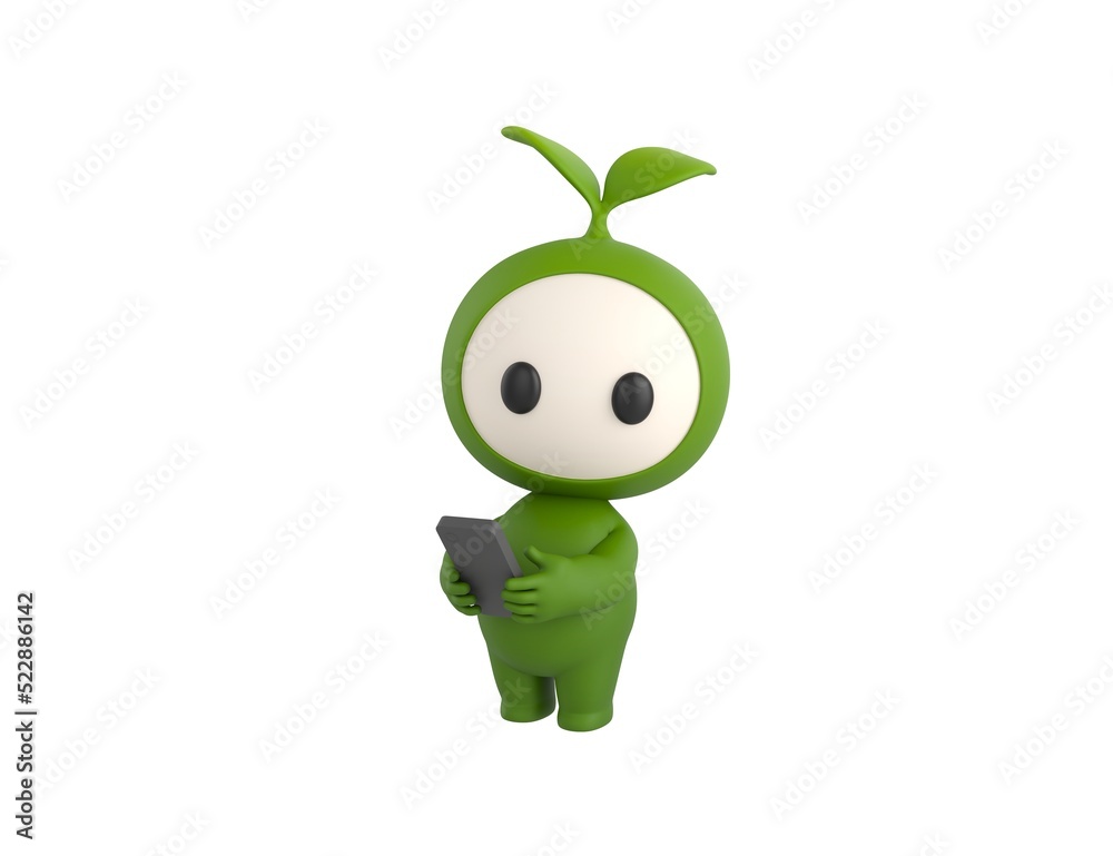© Baria - Leaf Mascot character using smartphone and looking to camera in 3d rendering.