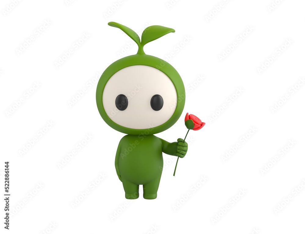 Leaf Mascot character holding flower in 3d rendering. Leaf Mascot character holding flower in 3d rendering.