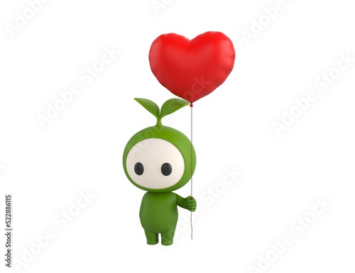 Leaf Mascot character holding heart balloon in 3d rendering.