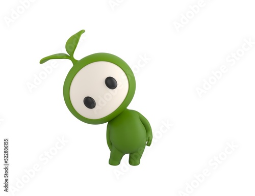 Leaf Mascot character tilt body to side in 3d rendering.