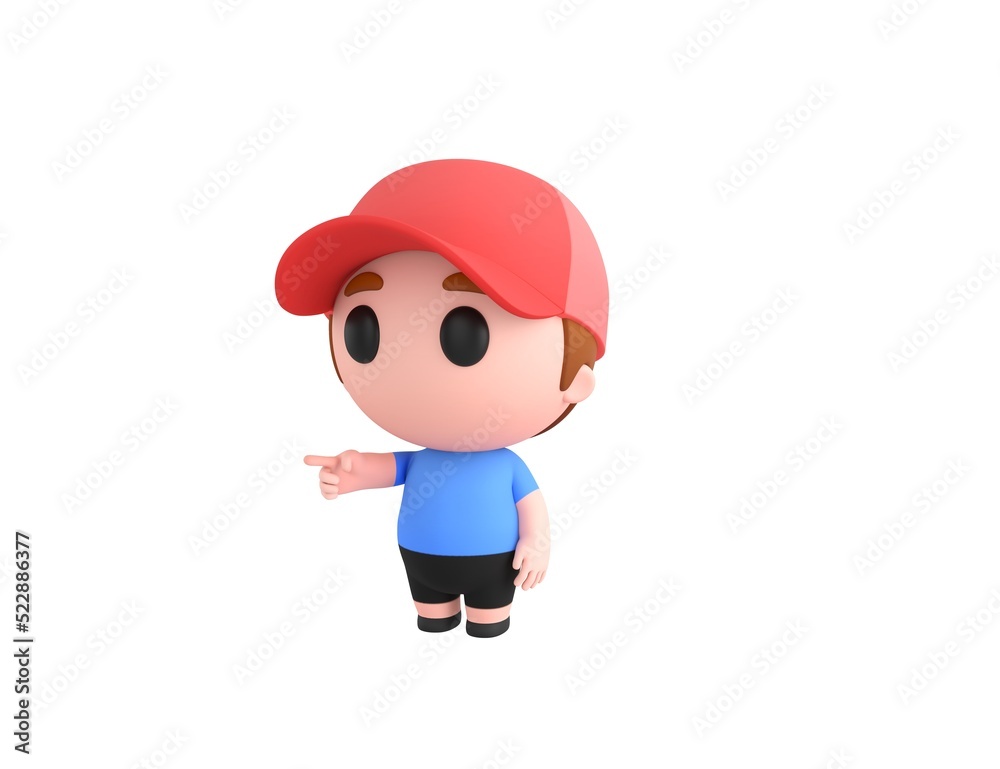 Little Boy wearing Red Cap character pointing finger to the left in 3d rendering.