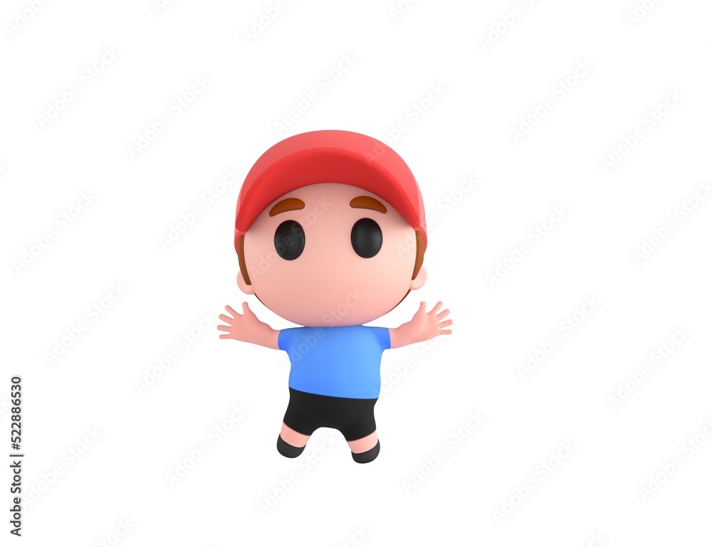 Little Boy wearing Red Cap character jumping in 3d rendering.