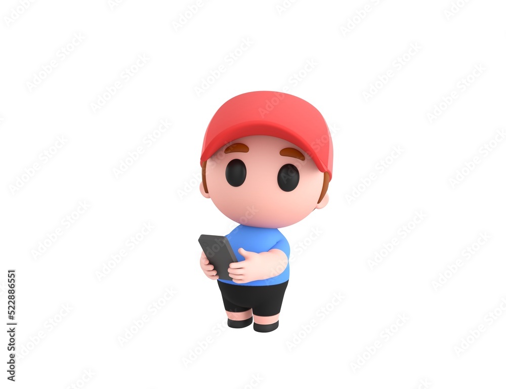 Little Boy wearing Red Cap character using smartphone and looking to camera in 3d rendering.