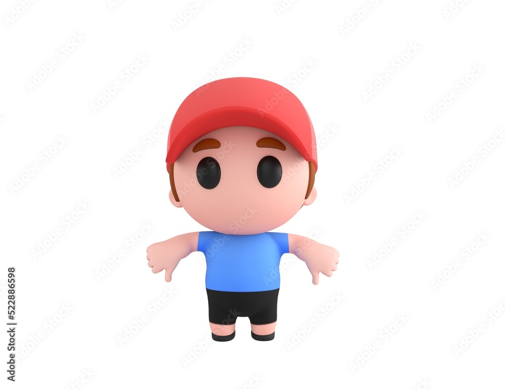 Little Boy wearing Red Cap character showing thumb down with two hands in 3d rendering.