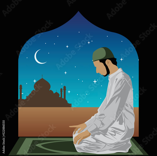 illustration of moslem man pray in colorfull background
