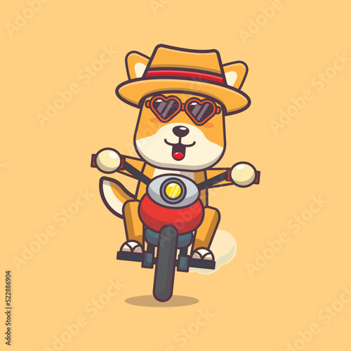 Cool shiba inu cartoon mascot character in sunglasses ride motocycle in summer day