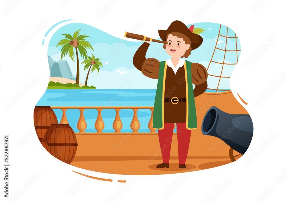 Happy Columbus Day National Holiday Hand Drawn Cartoon Illustration with Blue Waves, Compass, Ship and USA Flags in Flat Style Background Happy Columbus Day National Holiday Hand Drawn Cartoon Illustration with Blue Waves, Compass, Ship and USA Flags in Flat Style Background