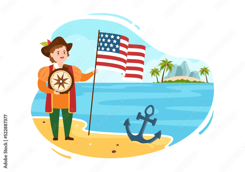 Fototapeta premium Happy Columbus Day National Holiday Hand Drawn Cartoon Illustration with Blue Waves, Compass, Ship and USA Flags in Flat Style Background