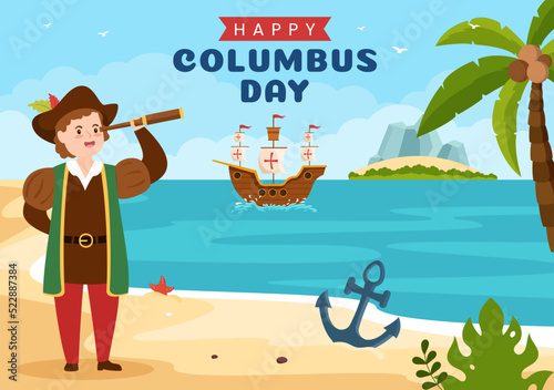 Happy Columbus Day National Holiday Hand Drawn Cartoon Illustration with Blue Waves, Compass, Ship and USA Flags in Flat Style Background