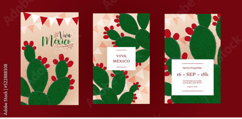 Vector invitación celebración mexicana con fondo de nopales con tunas y banderillas decorativas. Fiestas patrias.