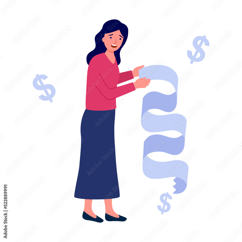 Worried woman reading long bill in flat design on white background. Worried woman reading long bill in flat design on white background.