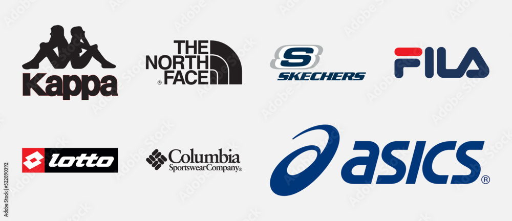 Top 7 Sports Brands in the World logo collection: FILA, Asics, Columbia  Sportswear, Lotto, Kappa, Skechers, The North Face, Editorial vector  illustration. Stock Vector | Adobe Stock