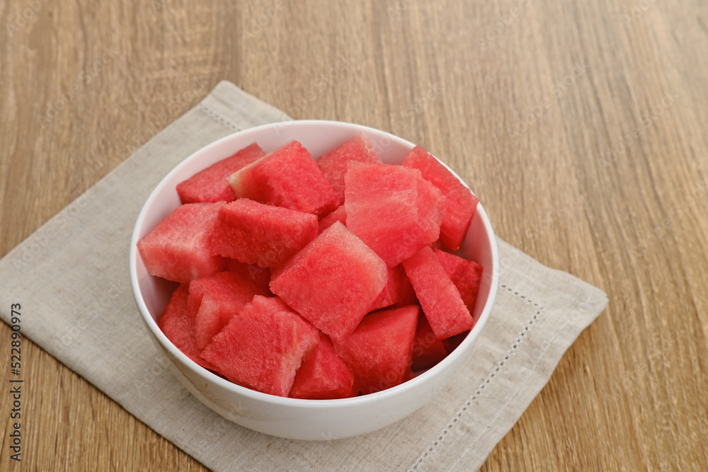 A bowl of fresh watermelon served on white bowl. Breakfast fruit in the morning
A bowl of fresh watermelon served on white bowl. Breakfast fruit in the morning