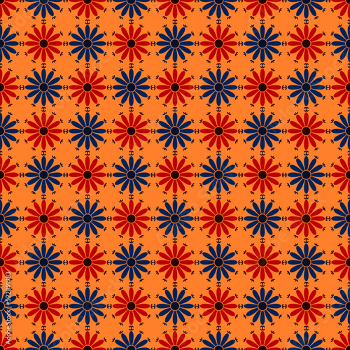 seamless pattern with blue and red flowers on orange background
