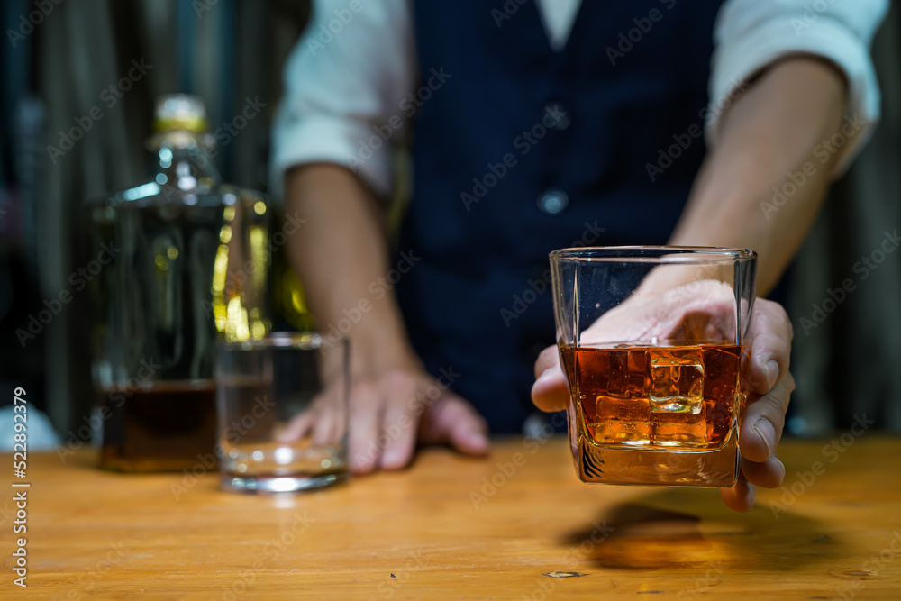 Bartender Serve Whiskey, on wood bar, 